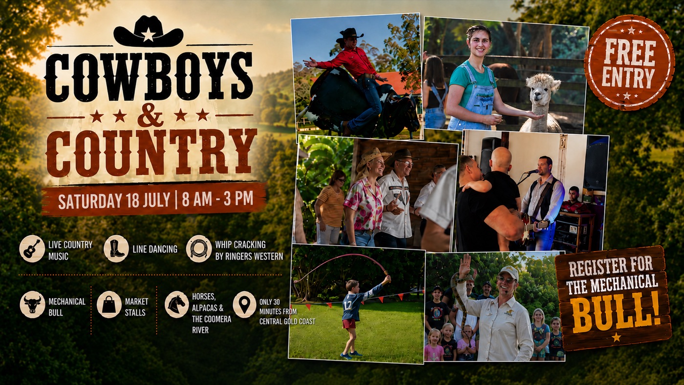 Cowboys & Country at Historic Rivermill — Saturday 18 July, 8 AM to 3 PM, free entry. Live country music, line dancing, whip cracking, mechanical bull, market stalls, horses and alpacas.