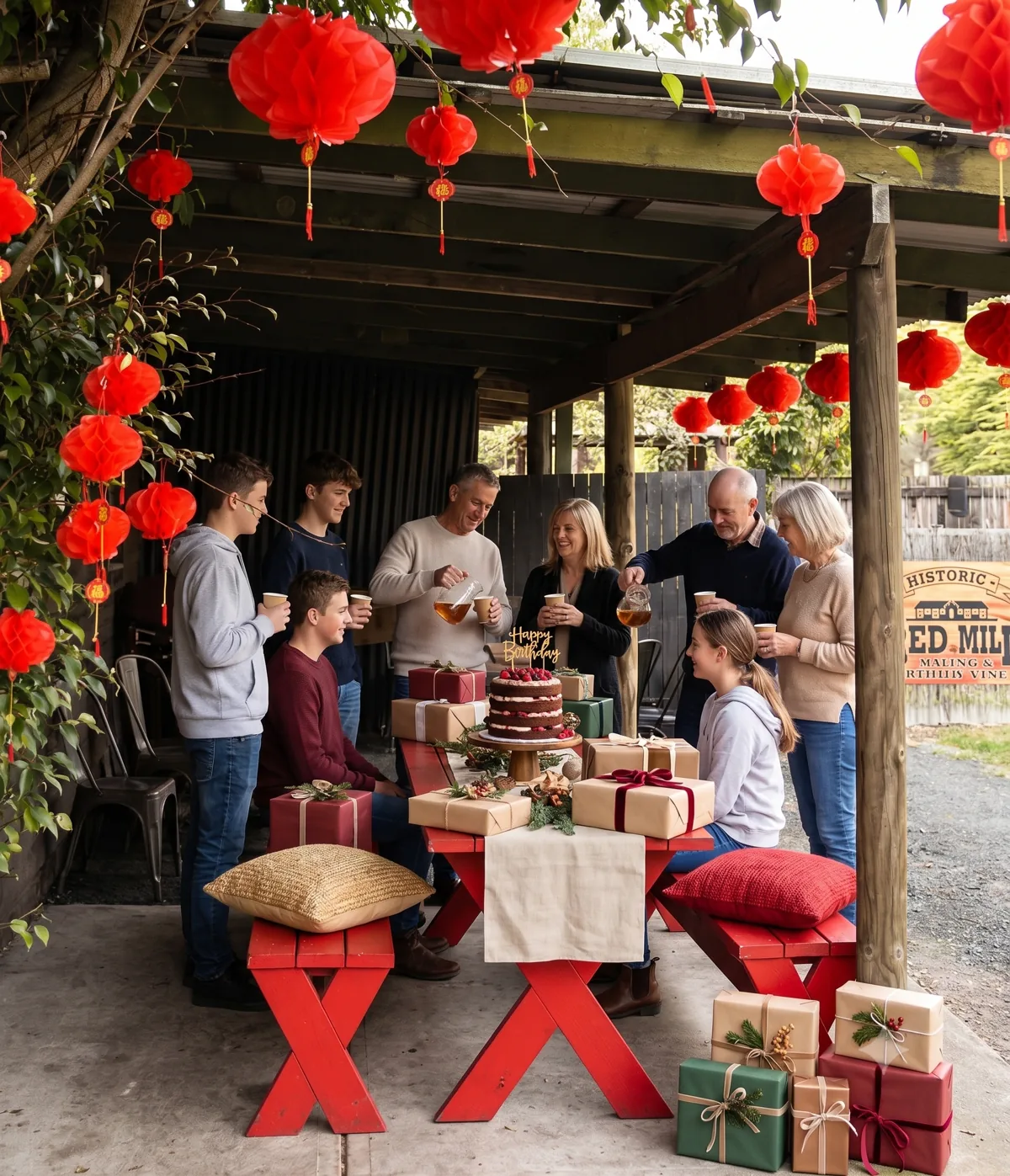 A birthday celebration at The Red Tables, an undercover riverside area with red picnic tables and hanging red lanterns