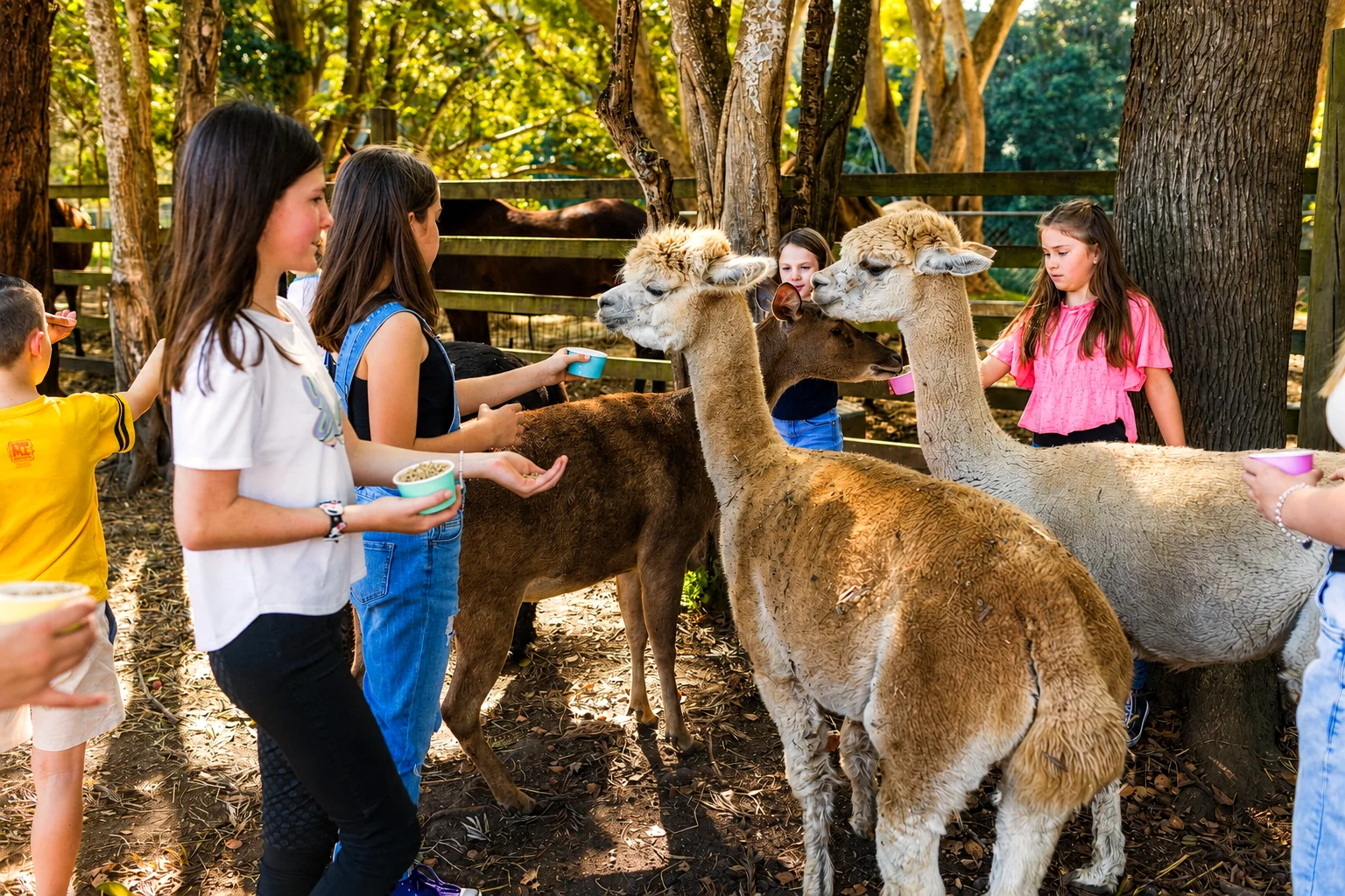 A school group hand-feeding the alpacas and llama from cups at Historic Rivermill