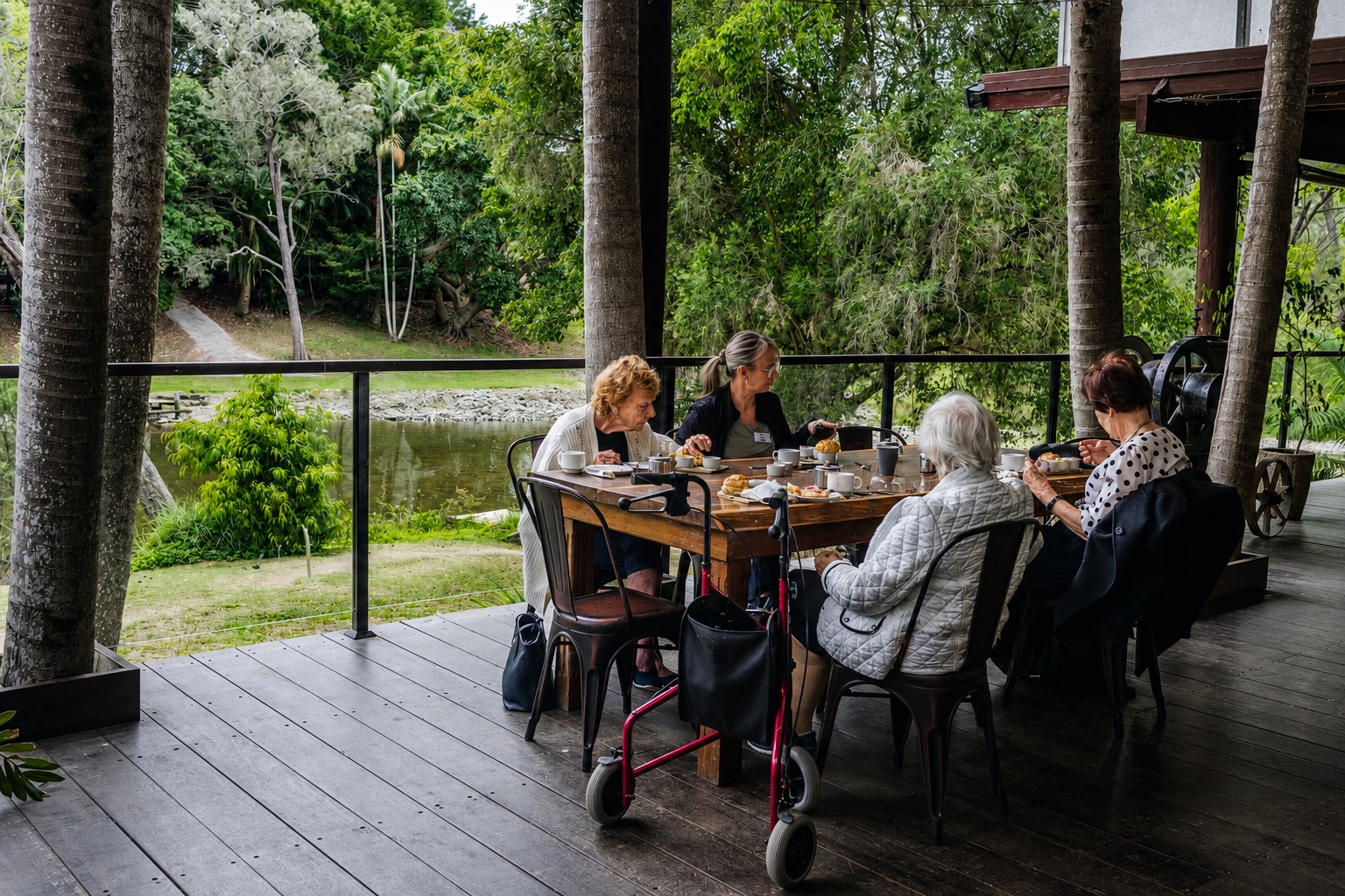 A group of senior women enjoying morning tea and scones at a table on the riverside deck at Historic Rivermill
