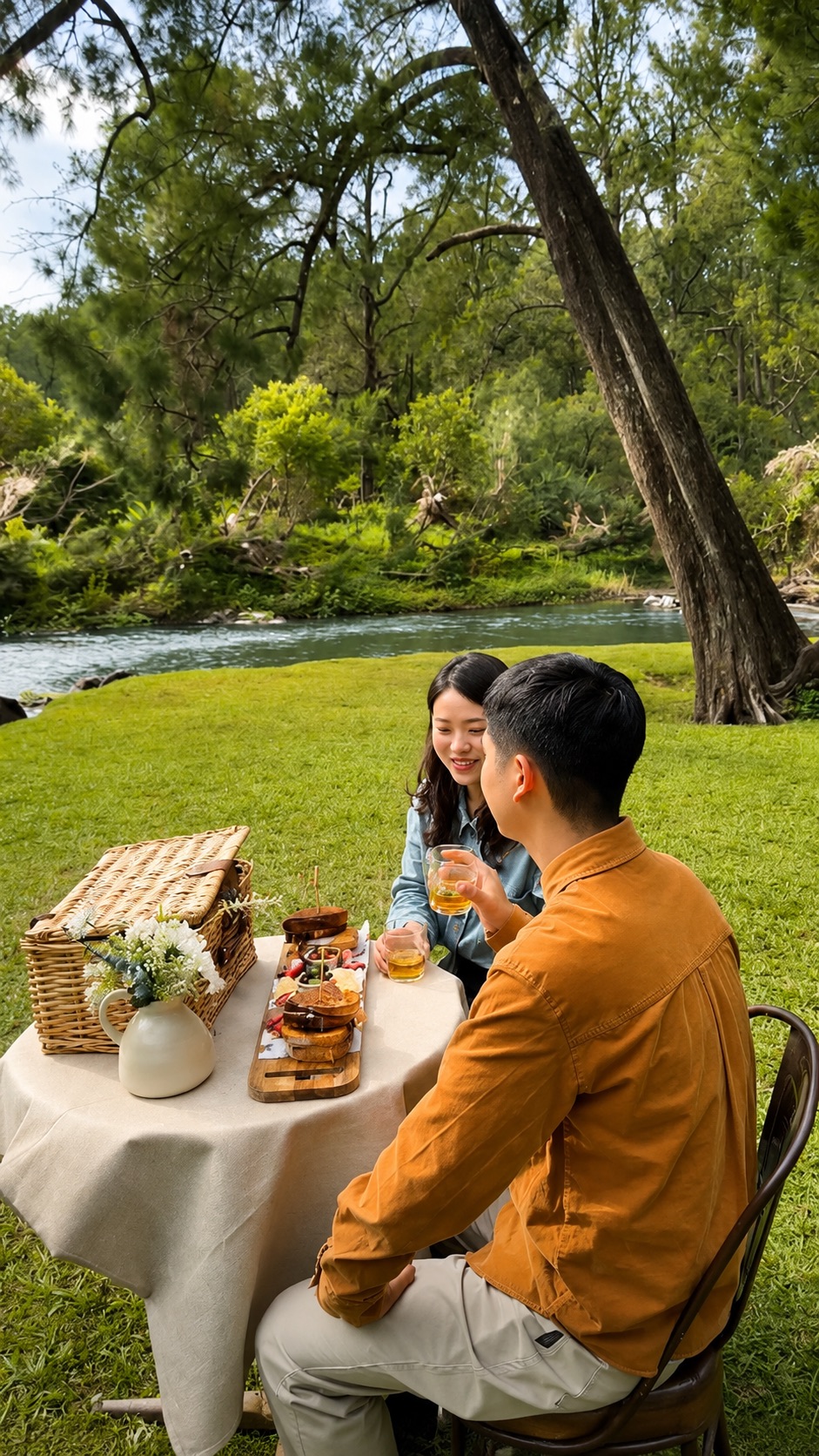 A couple sharing a riverside picnic at a dressed table on the lawn, with the Coomera River behind them