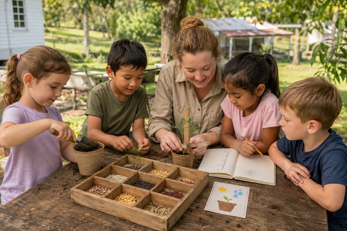 Young children sorting seeds and potting a seedling at a bench with their guide at Historic Rivermill
